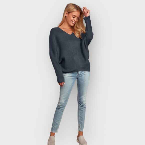 Lulus Small Dark Slate Blue V-Neck Sweater Knit Dolman Sleeve Relaxed Fit Boho - Picture 8 of 9